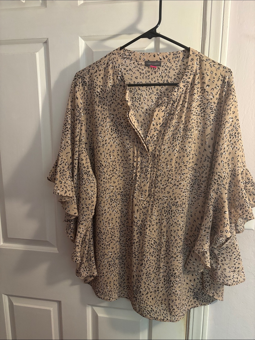 Vince Camuto Beige Leopard Print Ruffle Sleeve Blouse